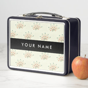 Blue and Red Flowers, Black, Your Name Metal Lunch Box
