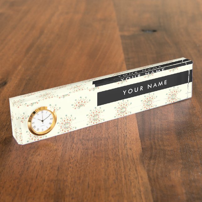Blue and Red Flowers, Black, Your Name Nameplate (Side)