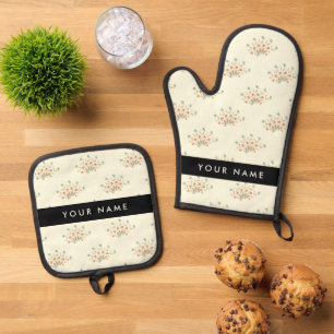 Blue and Red Flowers, Black, Your Name Oven Mitt & Pot Holder Set