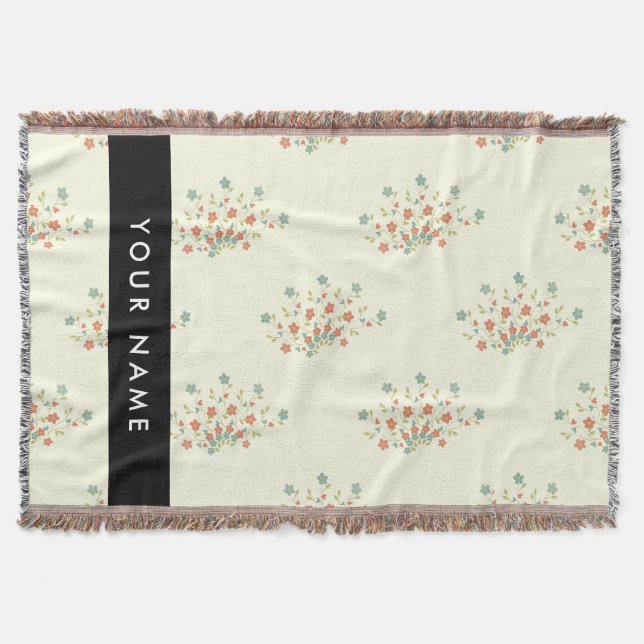 Blue and Red Flowers, Black, Your Name Throw Blanket (Front)