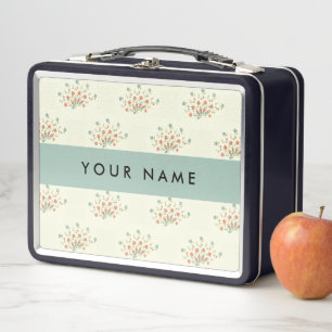 Blue and Red Flowers, Blue, Your Name Metal Lunch Box