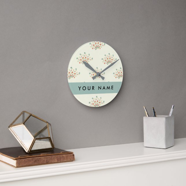 Blue and Red Flowers, Blue, Your Name Round Clock (Office)