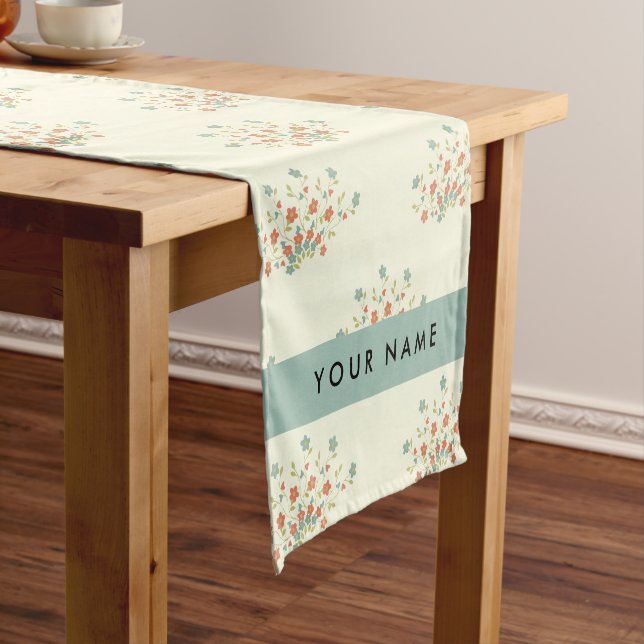 Blue and Red Flowers, Blue, Your Name Short Table Runner (In Situ)
