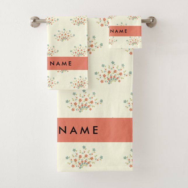 Blue and Red Flowers, Red, Your Name Bath Towel Set (Insitu)