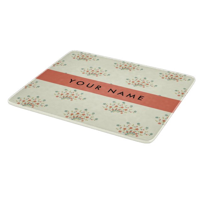 Blue and Red Flowers, Red, Your Name Cutting Board (Corner)