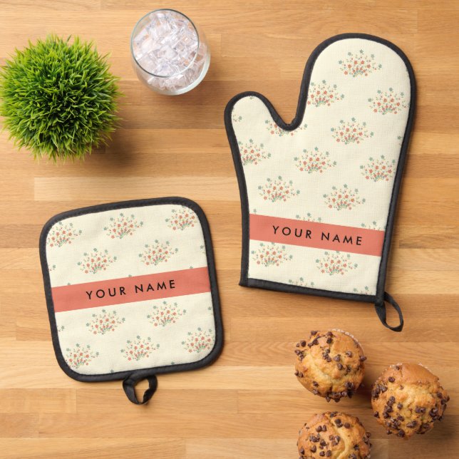 Blue and Red Flowers, Red, Your Name Oven Mitt & Pot Holder Set (Top Down)