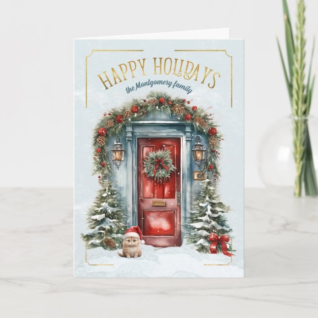Blue and Red Front Door Custom Name Happy Holiday Card (Front)