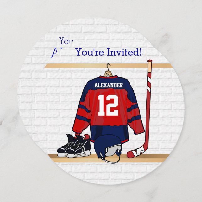 Blue and Red Ice Hockey Jersey Birthday Party Invitation (Front/Back)