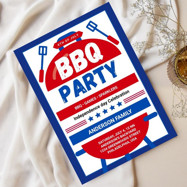 Blue And Red Illustrated 4th of July BBQ Party  Invitation (Creator Uploaded)