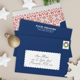 Blue and Red Joy Swedish Dala Horse Holiday Envelope