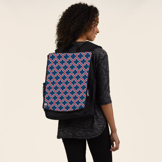 Blue and Red Moroccan Trellis, Lattice, Quatrefoil Backpack (Worn)