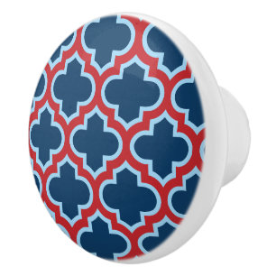 Blue and Red Moroccan Trellis, Lattice, Quatrefoil Ceramic Knob