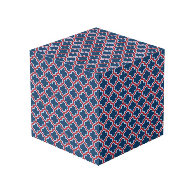 Blue and Red Moroccan Trellis, Lattice, Quatrefoil Cube (Front Angled)