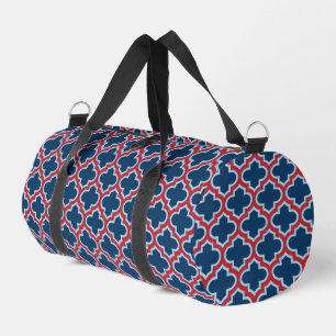 Blue and Red Moroccan Trellis, Lattice, Quatrefoil Duffle Bag