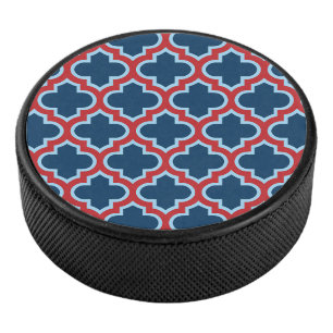 Blue and Red Moroccan Trellis, Lattice, Quatrefoil Hockey Puck