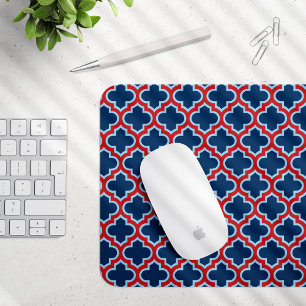 Blue and Red Moroccan Trellis, Lattice, Quatrefoil Mouse Pad