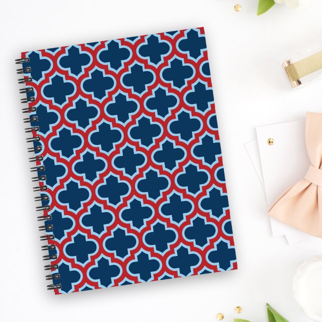 Blue and Red Moroccan Trellis, Lattice, Quatrefoil Notebook (Creator Uploaded)