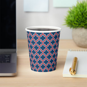 Blue and Red Moroccan Trellis, Lattice, Quatrefoil Paper Cups