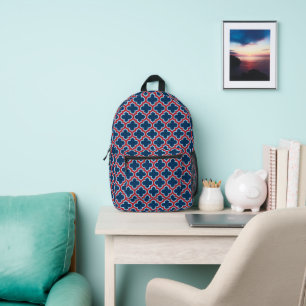 Blue and Red Moroccan Trellis, Lattice, Quatrefoil Printed Backpack