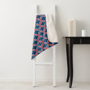 Blue and Red Moroccan Trellis, Lattice, Quatrefoil Sherpa Blanket
