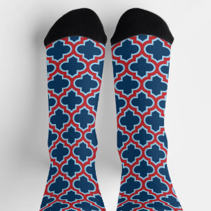 Blue and Red Moroccan Trellis, Lattice, Quatrefoil Socks