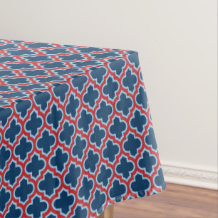 Blue and Red Moroccan Trellis, Lattice, Quatrefoil Tablecloth