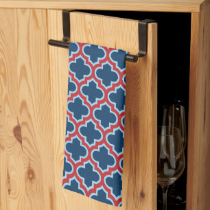 Blue and Red Moroccan Trellis, Lattice, Quatrefoil Tea Towel