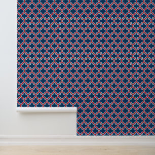 Blue and Red Moroccan Trellis, Lattice, Quatrefoil Wallpaper