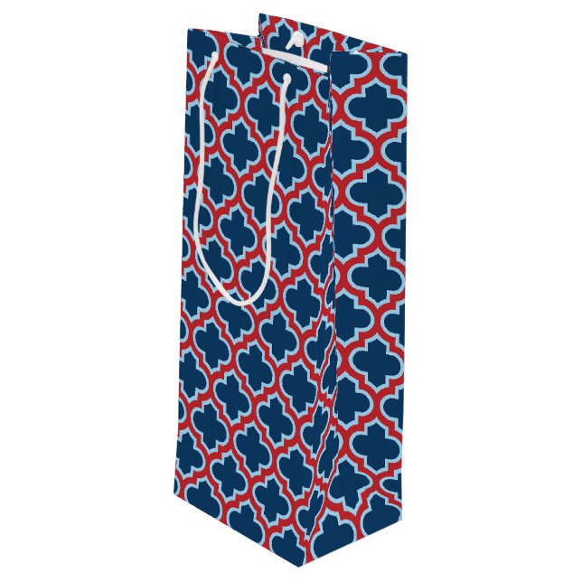Blue and Red Moroccan Trellis, Lattice, Quatrefoil Wine Gift Bag (Back Angled)