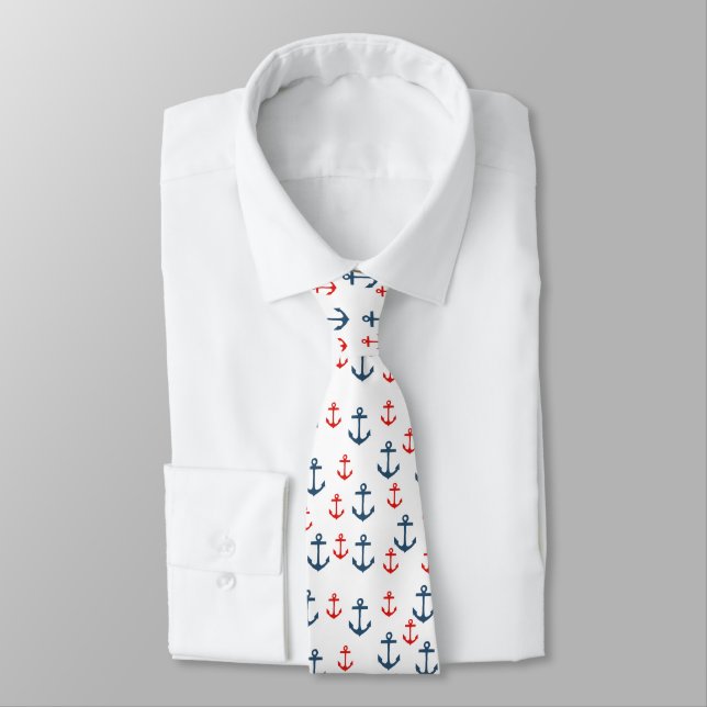 Blue and Red Nautical Anchor Pattern Tie (Tied)