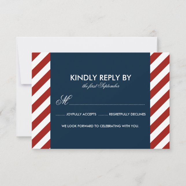 Blue and Red Nautical Stripes Wedding RSVP Card (Front)