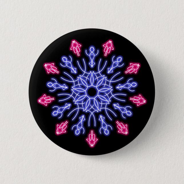 Blue and red neon flower 6 cm round badge (Front)