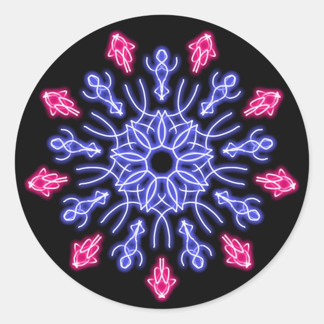 Blue and red neon flower classic round sticker (Front)