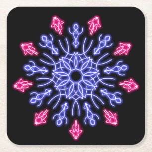 Blue and red neon flower square paper coaster