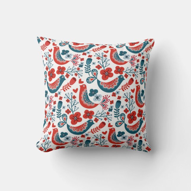 Blue and Red Nordic Bird Style Cushion (Front)