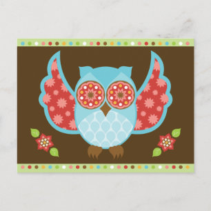 Blue and Red Owl on Brown and Green Postcard