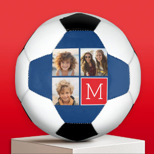 Blue and Red Photo Collage with Monogram Soccer Ball