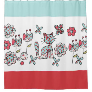 Blue and Red Polka Dotted Cat and Flowers Shower Curtain