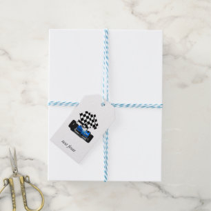Blue and Red Race Car with Chequered Flag Gift Tags