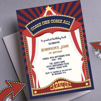 Blue and Red Retro Carnival birthday invitations