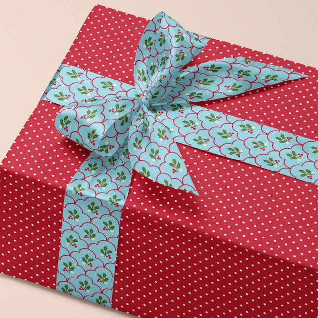 Blue and Red Scallop Holly Branch Berry Christmas Satin Ribbon (Grand millennial style ribbon with ice blue with red scallops and festive Christmas holly sprigs)