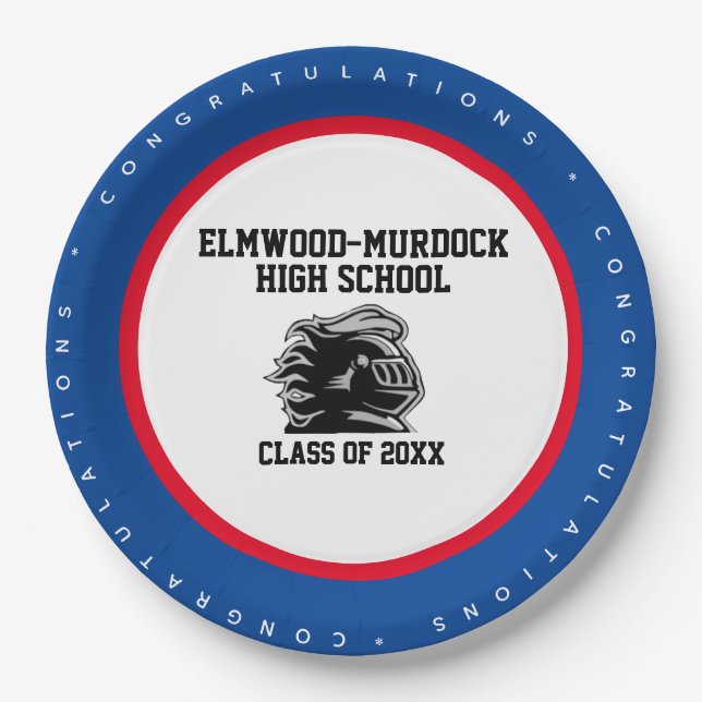 Blue and Red School Colors, Graduation Party Paper Plate (Front)