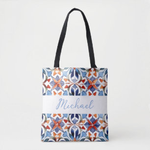 Blue And Red Spanish Floral Tile Tote Bag