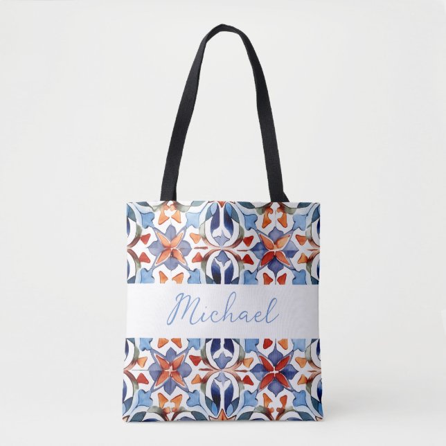 Blue And Red Spanish Floral Tile Tote Bag (Front)
