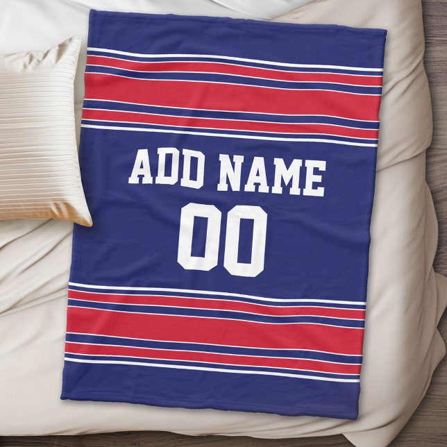 Blue and Red Sports Stripes Custom Name Number Fleece Blanket (Personalized fleece blanket - Sports Theme)