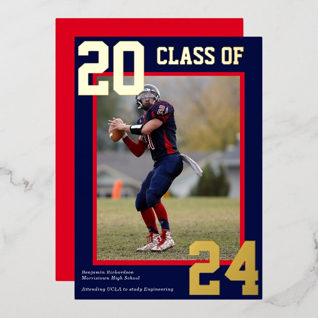 Blue and Red Sporty Varsity Graduation Photo (Front/Back)