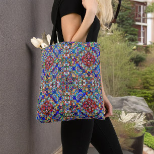 Blue and Red Stained Glass Look Kaleidoscope Tote Bag