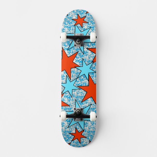 Blue and Red Star Pattern Skateboard (Front)