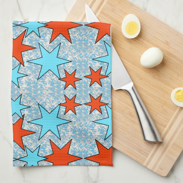Blue and Red Star Pattern Tea Towel (Quarter Fold)