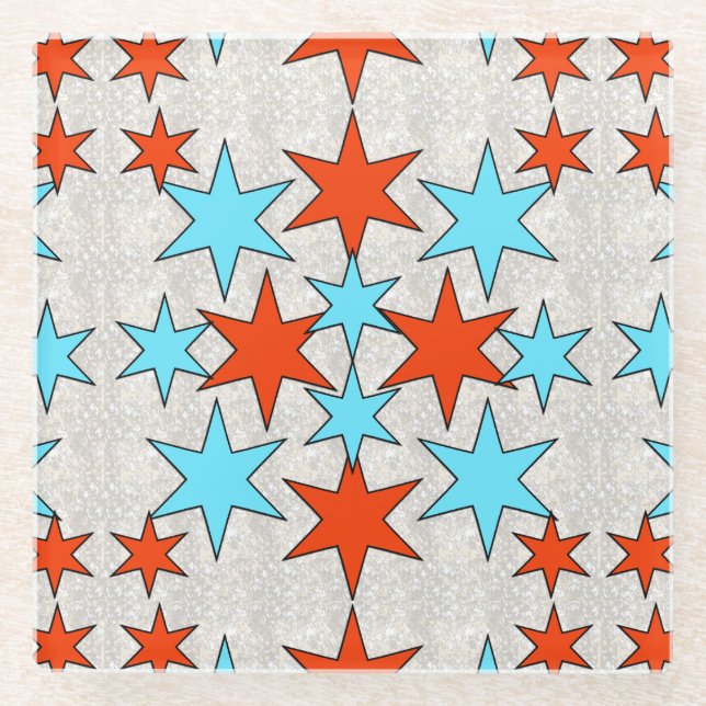 Blue and Red Star Print Glass Coaster (Front)